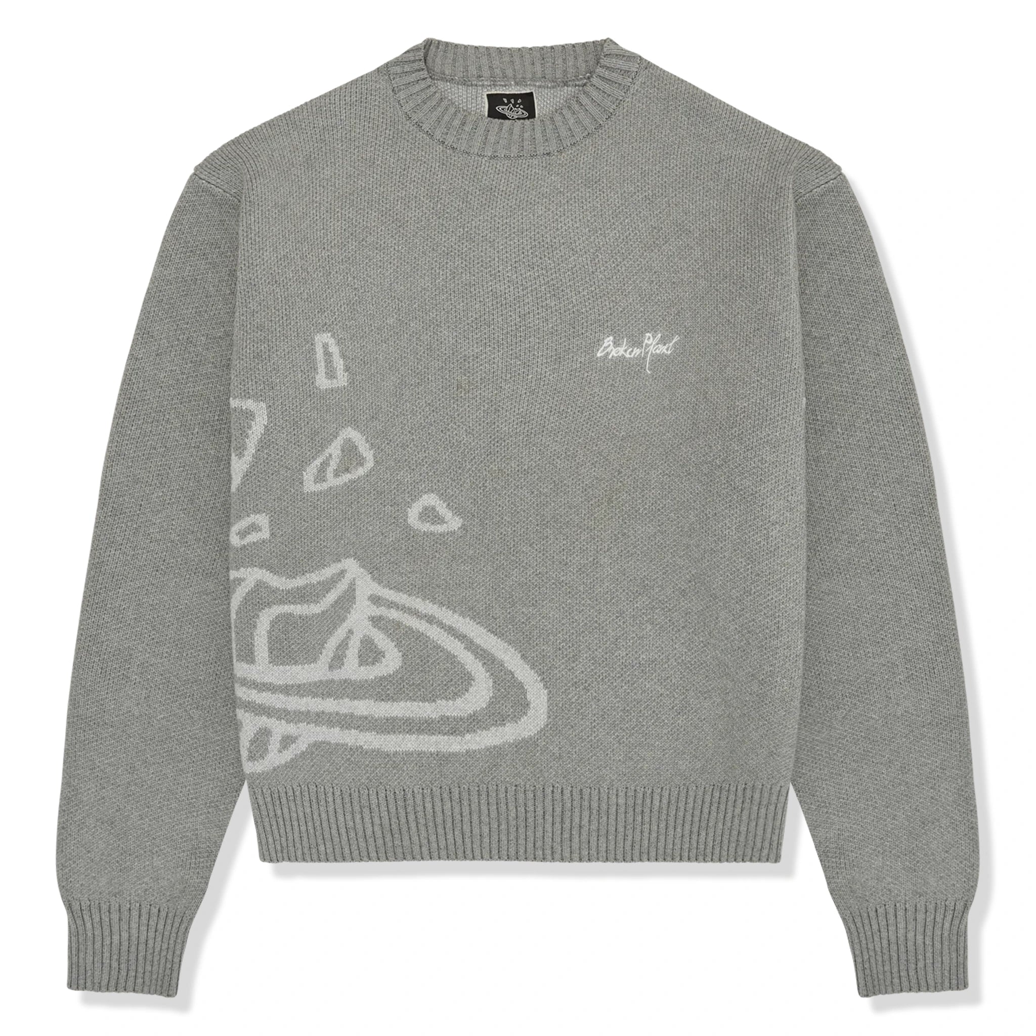 Front view of Broken Planet Heather Grey Planet Knit Sweatshirt BP-KT-SW-H_GRAY